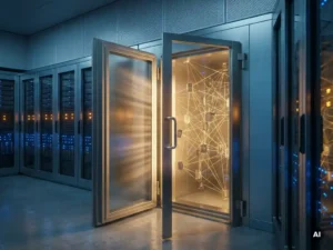 Glass vault door ajar revealing golden threads linking identity tokens inside a server room, bathed in steel-blue and amber light.