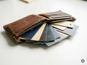 Worn leather wallet spilling loyalty cards, credit cards, and membership tags across a white desk in muted navy and gray tones.