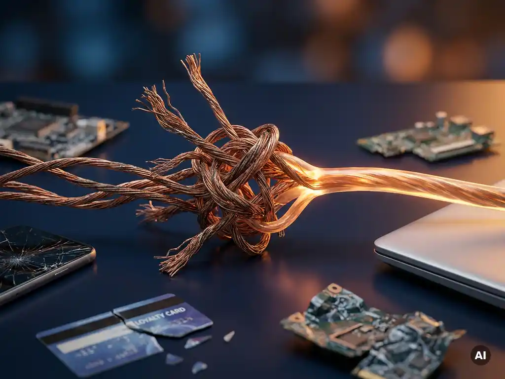Frayed copper wires from scattered devices converging into a single luminous cable, symbolizing unified digital identity on a dark surface.