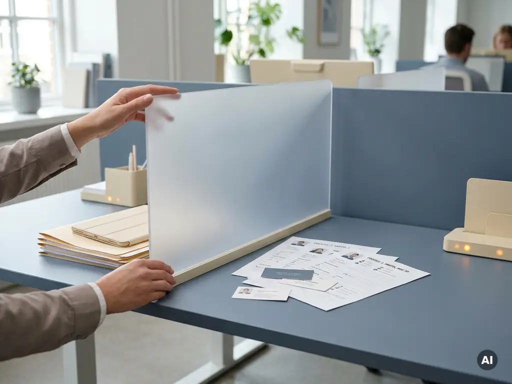 Marketer placing a translucent privacy shield over customer profile cards on a modern desk, symbolizing data protection.