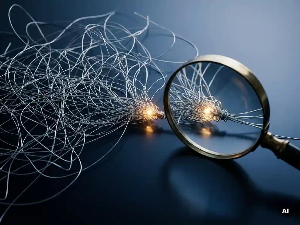 Silver threads converging into a glowing amber node on a dark surface, with a magnifying glass revealing digital identifier details.