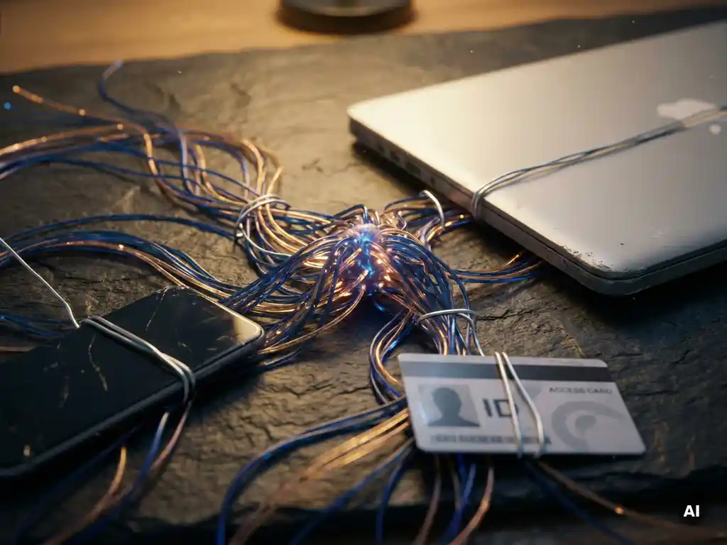 Glowing network hub connecting smartphone, laptop, and keycard via silver wires, representing unified digital identity management.