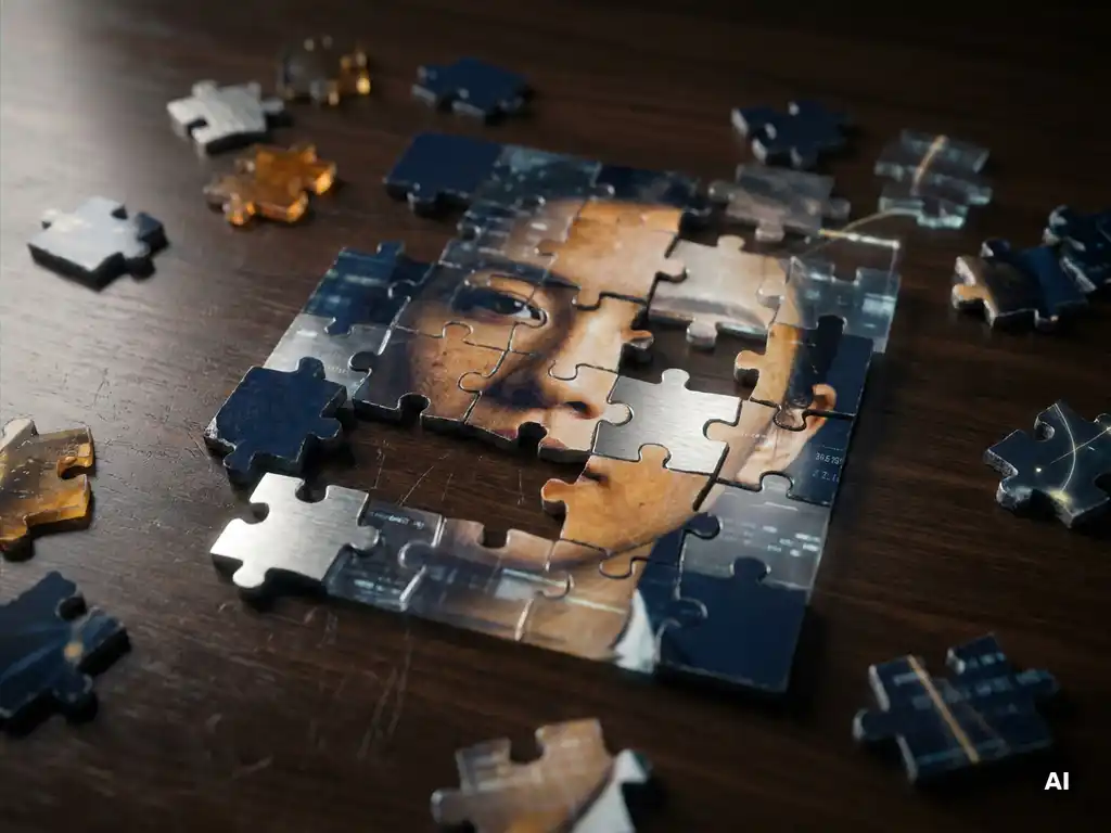 Fractured mosaic portrait assembling from scattered data fragments, some crisp, others blurred, symbolizing incomplete digital identity in navy and amber tones.