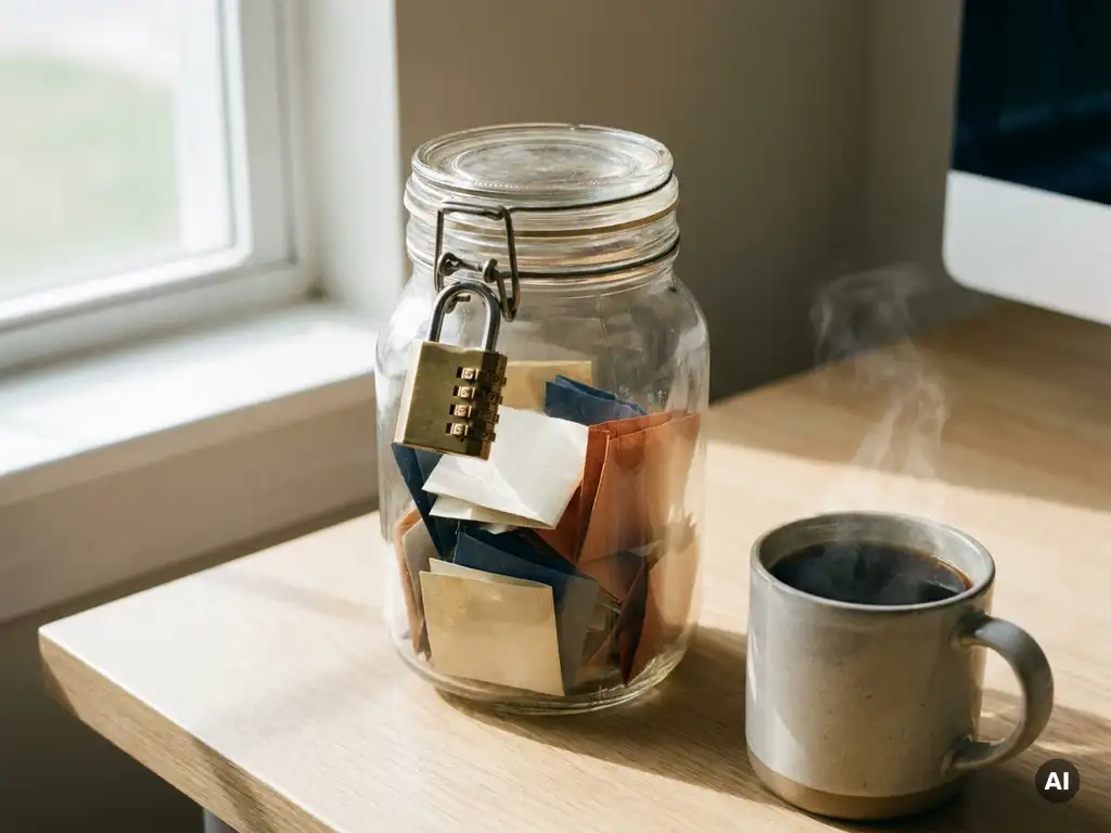 Glass jar secured with a combination lock holding folded paper notes with personal details, beside a coffee cup on a minimalist desk.