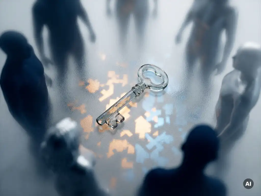 Translucent glass key on frosted surface refracting light, surrounded by faint dissolving human silhouettes in silver, navy, and amber tones.