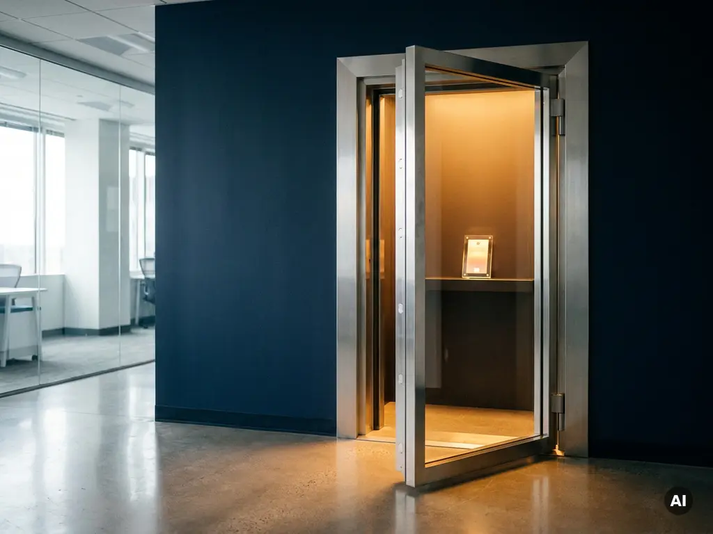 Transparent glass vault door standing ajar in a modern office, golden light spilling onto concrete floor with a data card secured inside.