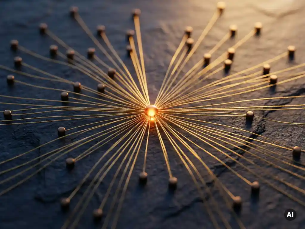 Golden threads converging from multiple nodes into a single glowing central point on dark slate, symbolizing unified data identity.
