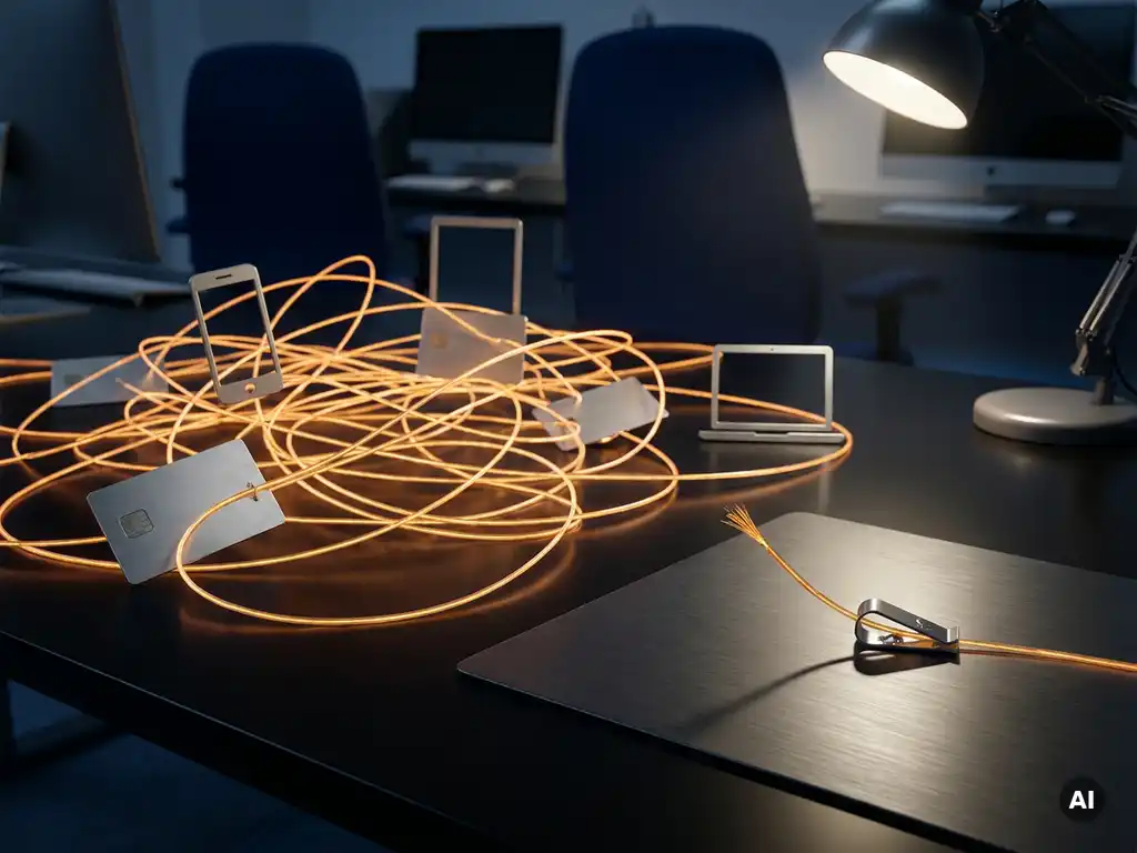 Glowing amber thread network linking identity cards and devices, one frayed strand intercepted on a dark surface, representing enterprise threat detection.