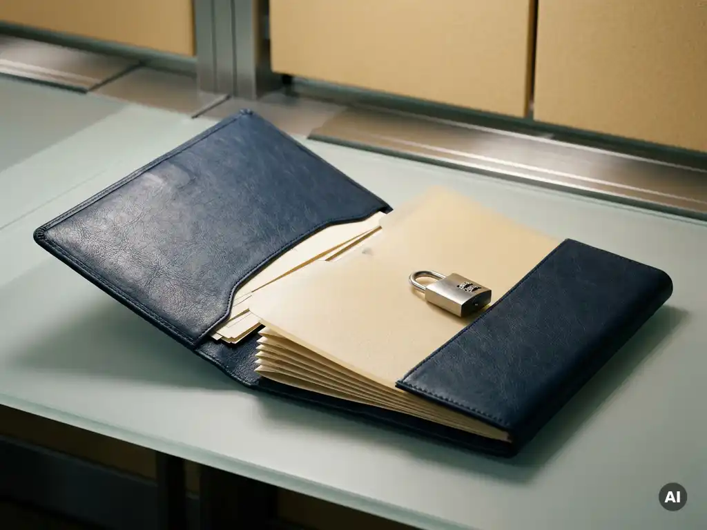 Leather-bound dossier open on a frosted glass desk with partially obscured personal documents behind a privacy screen and a combination lock.