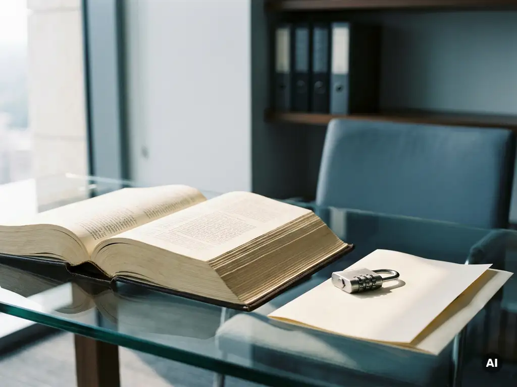 Open legal book on a glass desk beside a combination lock securing a folded document, modern minimalist office setting.