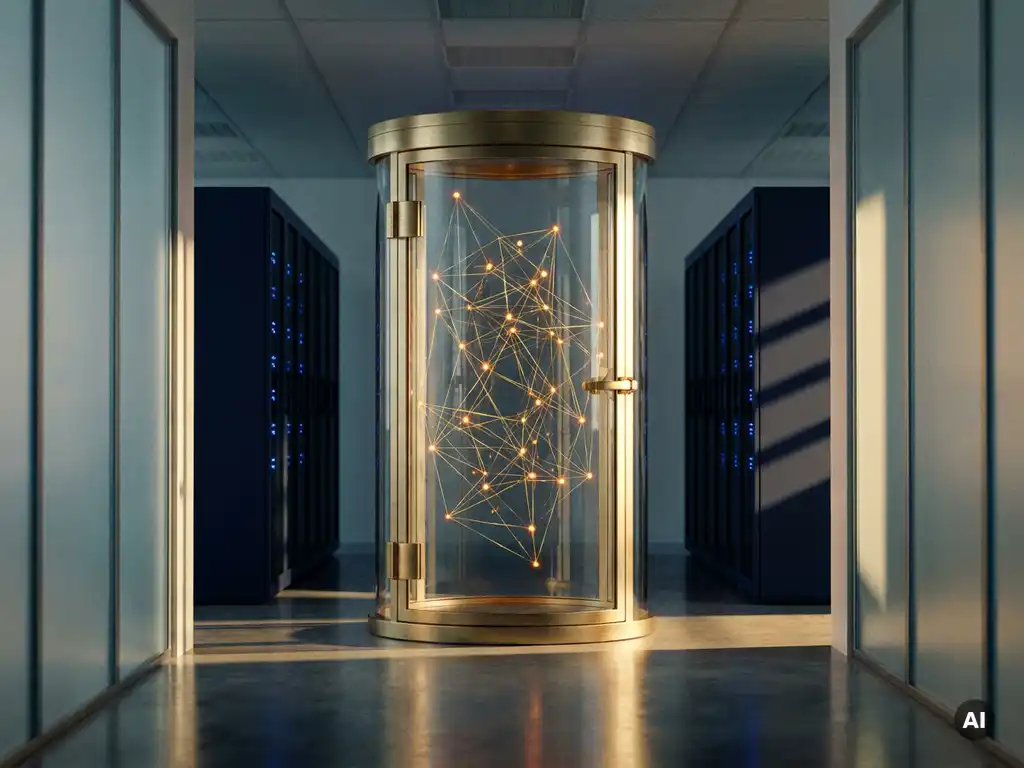 Glass vault enclosing a luminous golden thread network connecting identity nodes in a modern data center corridor.