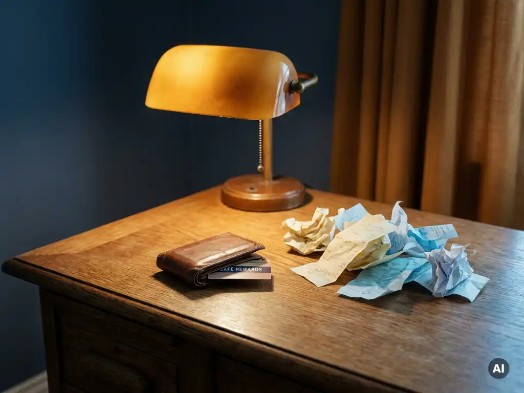 Leather wallet with loyalty card on oak desk, surrounded by scattered paper slips under warm amber lamplight.