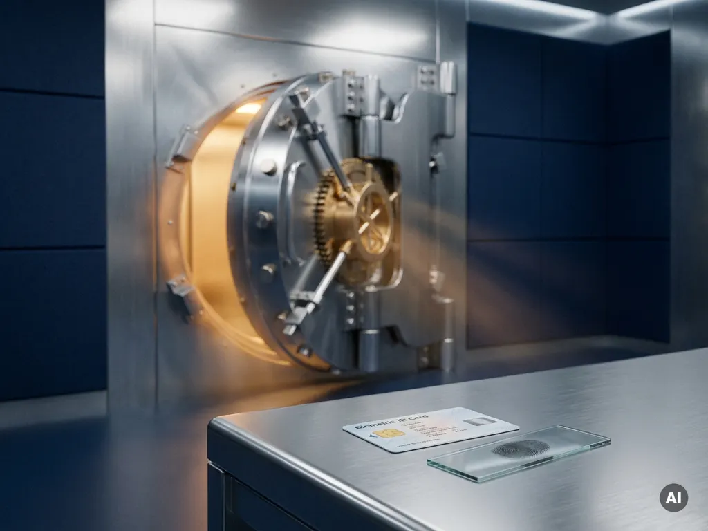 Vault door ajar with amber glow, ID card and fingerprint on polished steel surface in a modern financial security setting.