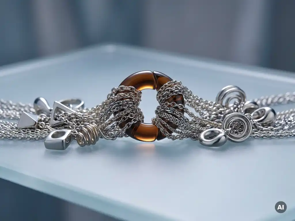 Delicate silver chains with abstract tokens converging at a single clasp on frosted glass, symbolizing unified identity.