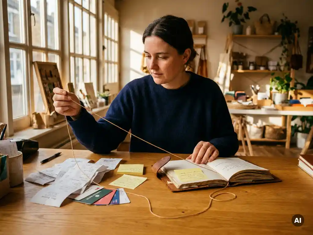 Small business owner at a wooden desk organizing customer receipts, loyalty cards, and sticky notes connected to a central notebook in warm golden light.