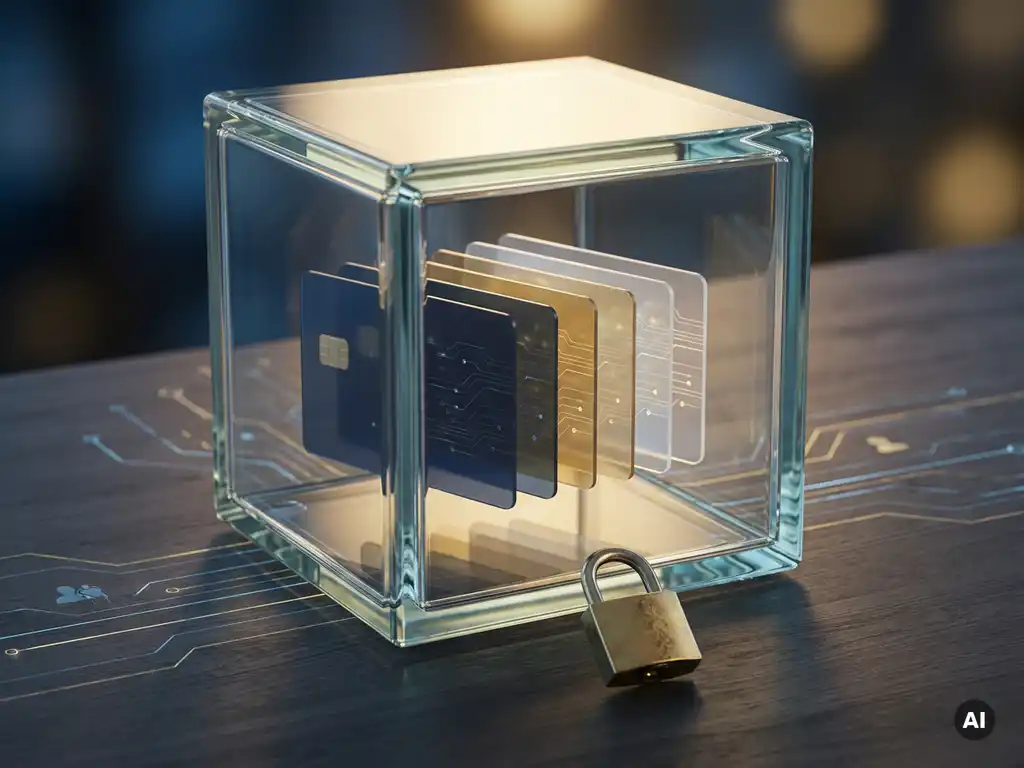 Glass vault holding layered translucent data cards representing a unified digital identity, with a golden padlock on a dark charcoal desk.