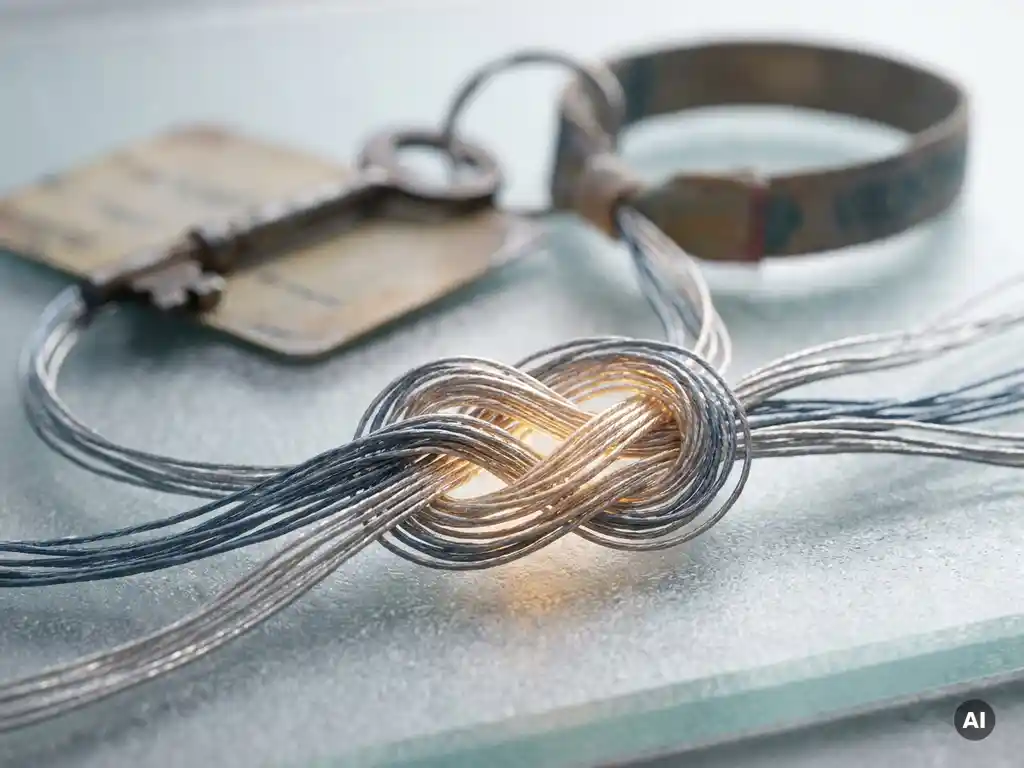 Silver threads from scattered identity tokens converging into a single knot on frosted glass, lit with warm amber glow.